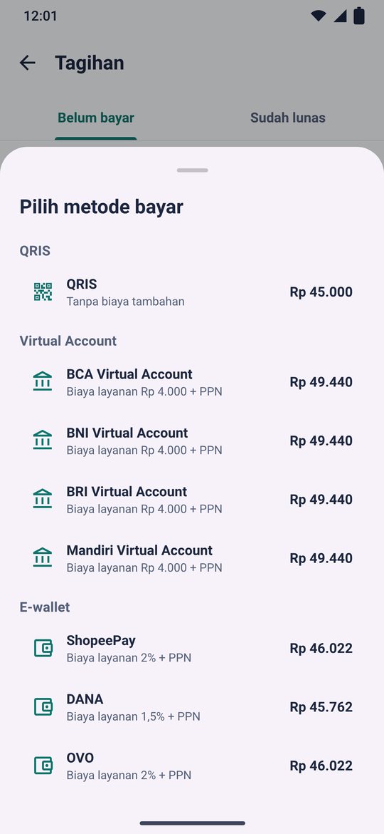 Pilih metode bayar di aplikasi